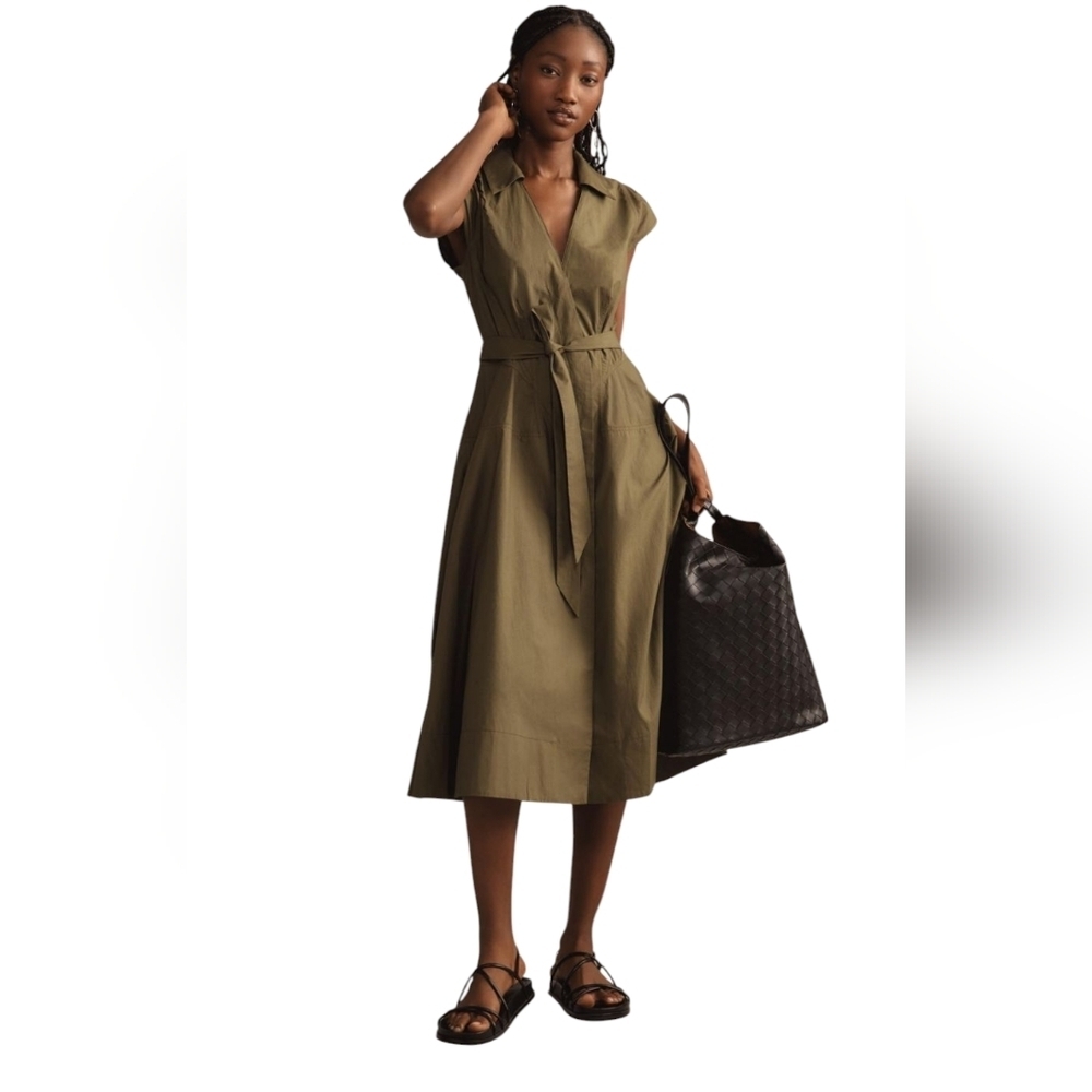 Maeve Anthropologie V-Neck Wrap Shirt Midi Dress Size Medium Olive Green No Belt